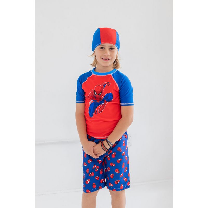 Marvel Avengers Captain America Pullover Rash Guard Swim Trunks and Cap 3 Piece Swimsuit Set Little Kid to Big Kid, 3 of 8