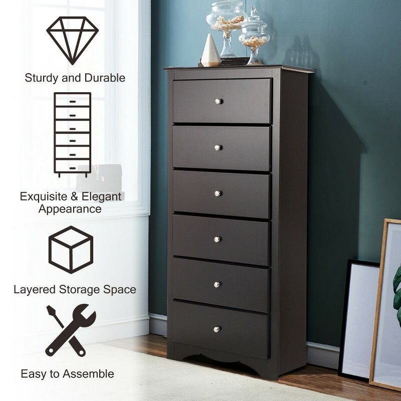 Tangkula 6 Drawers Dresser 53.5" Tall Chest Standing Storage Cabinet with Metal Knobs Wooden Chest of Drawers Brown, 5 of 8