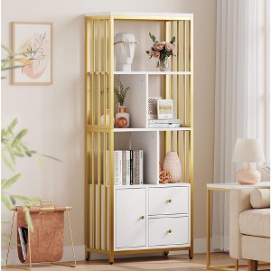 Gold Bookshelf Modern Bookcase with Drawers Storage Rack Shelf Tall Standing Bookshelves Metal Frame Large Display Racks - 1 of 4