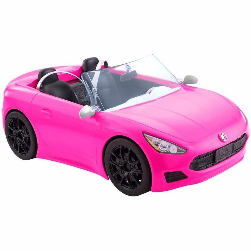 Barbie Toy Car, Bright Pink 2-Seater Convertible with Seatbelts and Rolling Wheels, Realistic Details, 1 of 8