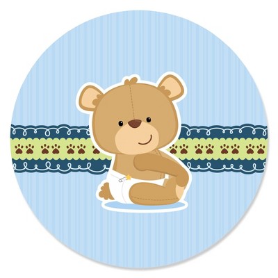 Big Dot of Happiness Boy Baby Teddy Bear - Baby Shower Circle Sticker Labels - 24 Count