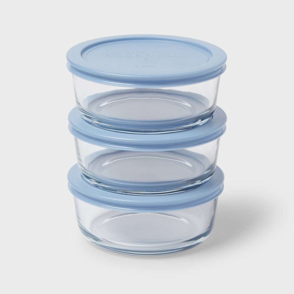 Photos - Food Container 3pk Glass Round Food Storage Container Set Blue - Room Essentials™