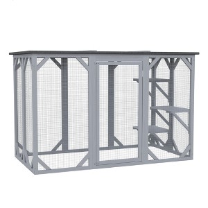 PawHut Wooden Outdoor Cat House Catio Kitten Enclosure Indoor Cage with Asphalt Roof, Multi-Level Platforms and Large Enter Door - 71"L - 1 of 4