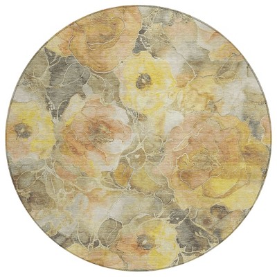 HomeRoots 8' Gold And Gray Round Floral Washable Indoor Outdoor Area Rug