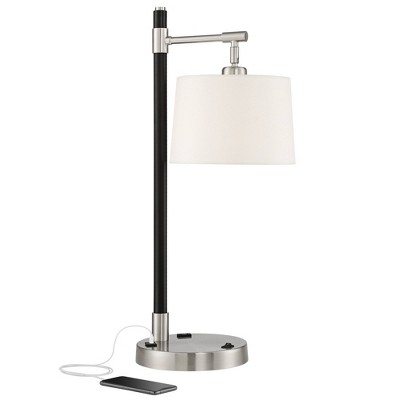 Possini Euro Design Modern Desk Table Lamp with USB and AC Power Outlet in Base 25.5" High Black Nickel White Linen Drum Shade Bedroom Office