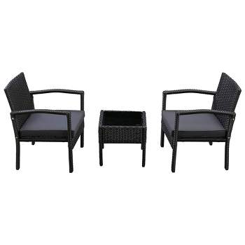 Patioflare Melody 3 Piece Black Woven Wicker Outdoor Lawn, Balcony, or Patio, Chat Set with 1 Table, 2 Chairs, and Gray Cushions