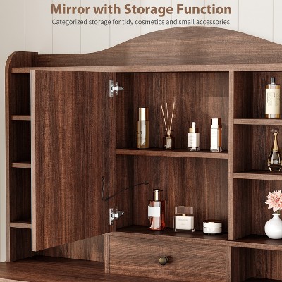 Inside view of a vanity cabinet with storage and shelves