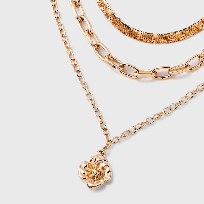 Gold 3 Row Flower &#38; Snake Chain Necklace - A New Day&#8482; Gold, 5 of 6
