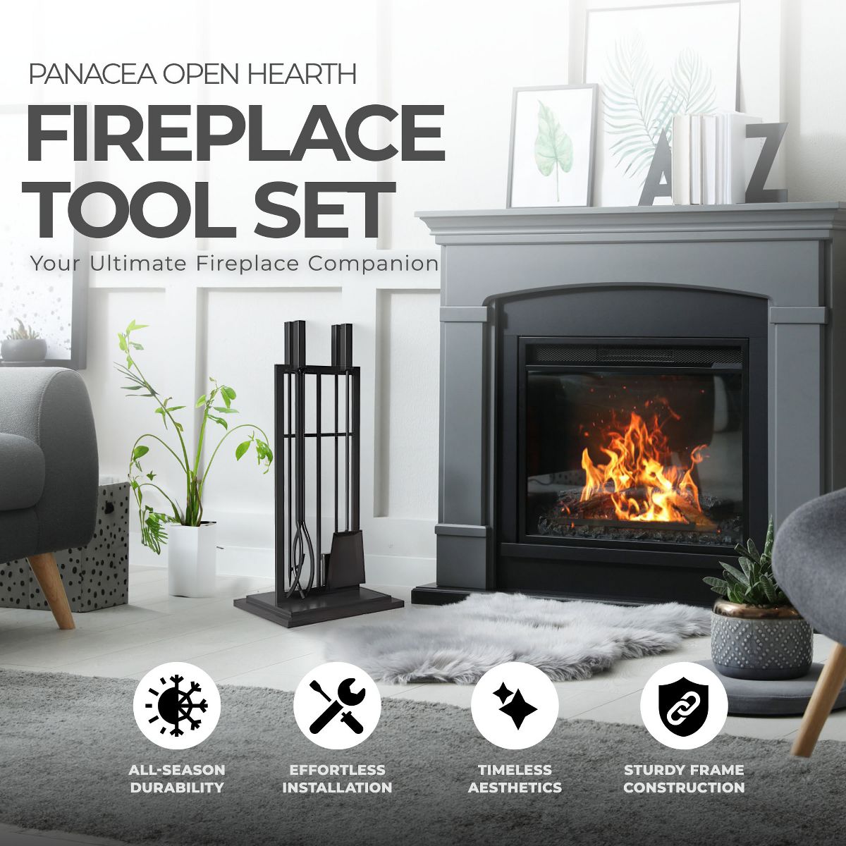 Panacea Firewood Tool Set Open Hearth Center with Fireplace Brush, Tong, Shovel, Poker, and Stand for Indoor and Outdoor Fireplaces, Black - thumbnail 4