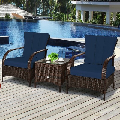 Costway 3 PCS Patio Rattan Furniture Set Coffee Table & 2 Rattan Chair W/Navy Cushions