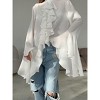 Women's Crew Neck Blouses Fashion Solid Button Collar Tops Throughout Ruffled Semi Open Front Long Bell Sleeve Shirts - 2 of 4