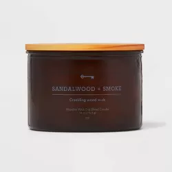 14oz Lidded Amber Glass Jar Crackling Wooden 3-Wick Sandalwood and Smoke Candle - Threshold™