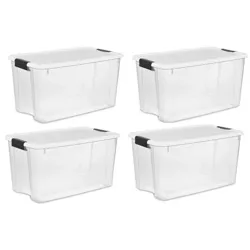 Sterilite 70 Quart Ultra Clear Plastic Stacking Storage Container Tote with Latching Lid for Home Organization in Garage, Attic or Closets, 4 Pack