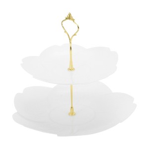 Unique Bargains 2 Tier Dessert Cupcake Stand Flower Shape Cup Cake Holder Tower White Gold Tone - 1 of 4