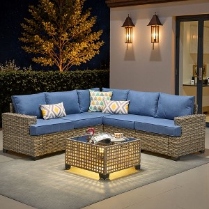 XIZZI All-Weather Rattan Furniture, Sectional Sets w/ Optional Solar Light-Up Coffee Table & Ottoman, Choose 6-9pc Configs in 8 Fade Resistant Colors - 1 of 4