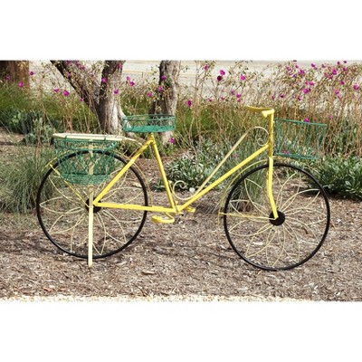Yellow Iron Bicycle Plant Stand with Baskets and Saddle Bags