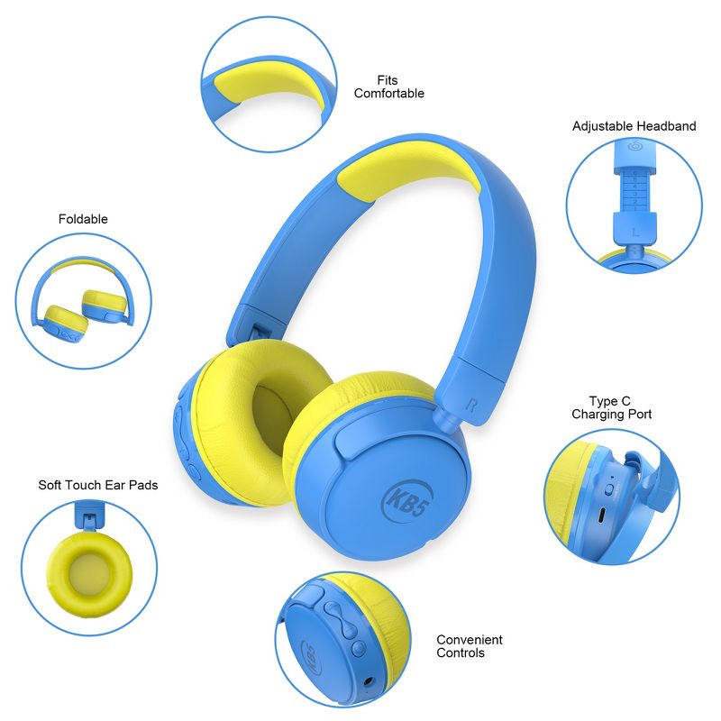 Contixo KB05 Kids Bluetooth Wireless Headphones -Volume Safe Limit 85db -On-The-Ear Adjustable Headset (Blue), 4 of 12