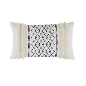Gracie Mills Katelyn Geometric Embroidered Cotton Oblong Pillow with Tassels - One Size - Ivory - 1 of 4