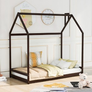 Twin Size/Full Size Platform Bed, Wooden Floor Bed, House-Shaped Bed Frame with Roof for Teens Boys Girls Bedroom Furniture (Slats Not Included) - 1 of 4