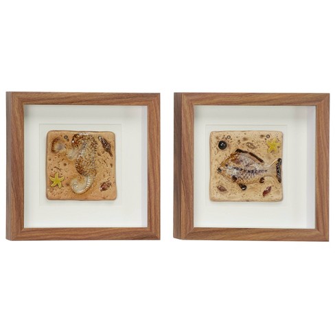 set Of 2) 12 X 12 Coastal Style Seahorse And Fish Fossil Shadow Box Wall  Decor In Square Wood Frames - Olivia & May : Target