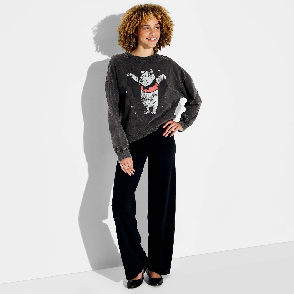 Women's Crewneck Pooh Bat Fleece Graphic Pullover Sweatshirt - Gray XXS
