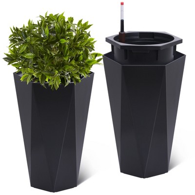 Large Plastic Flower Pot with Inner Bucket Set of 2, Self Watering Planter with 2 Trays and a Water Level Monitor, For Patio, Porch
