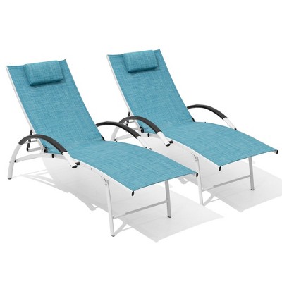 2 pcs Crestlive Products Outdoor Aluminum Adjustable Reclining Chaise Lounge Chair with Arms & Headrest Blue