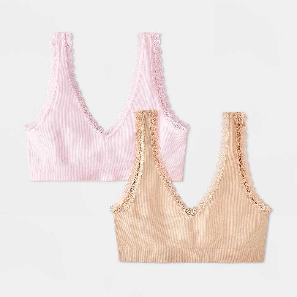 Girls' 2pk Seamless Lace Trim Bralette - art class™ Pink/Beige S