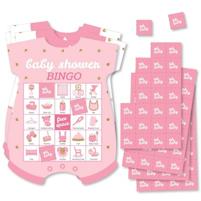 Big Dot of Happiness Hello Little One - Pink and Gold - Picture Bingo Cards and Markers - Girl Baby Shower Shaped Bingo Game - Set of 18