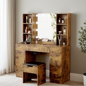 Farmhouse Makeup Vanity Table Set with Lighted Mirror,55.7" Modern Vanity Desk with Power Outlet&Storage Shelves,Dressing Table for Women & Girls - 1 of 4