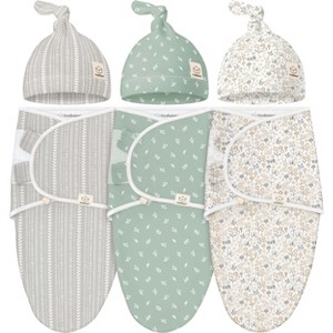 3-Pack Organic Baby Swaddle Sleep Sacks with Knot Hats, Newborn Baby Swaddles Wrap 0-3 Months, Ergonomic Wearable Blanket - 1 of 4