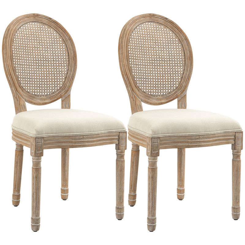 HOMCOM French-Style Upholstered Dining Chair Set, Armless Accent Side Chairs with Rattan Backrest and Linen-Touch Upholstery, Set of 2, 1 of 7