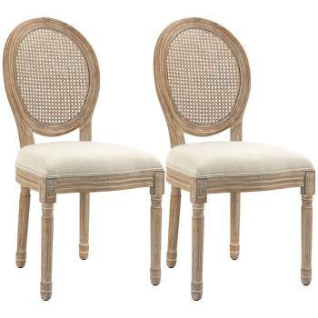 HOMCOM French-Style Upholstered Dining Chair Set, Armless Accent Side Chairs with Rattan Backrest and Linen-Touch Upholstery, Set of 2