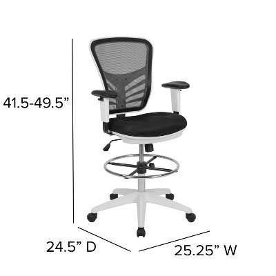 ErgoFlex Black Mesh Drafting Chair with Adjustable Arms and White Frame