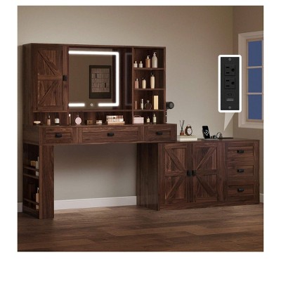 Farmhouse Vanity Desk Set With 6 Drawers & Power Outlet, Makeup Vanity Table With Light Color & Brightness Adjustable For Girls Women Bedroom