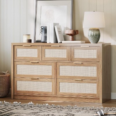 53" Boho Rattan 7-Drawer Wooden Dresser with Gold Handles, Farmhouse Storage Chest TV Stand for Bedroom, Living Room