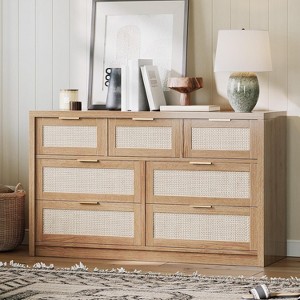 53" Boho Rattan 7-Drawer Wooden Dresser with Gold Handles, Farmhouse Storage Chest TV Stand for Bedroom, Living Room - 1 of 4