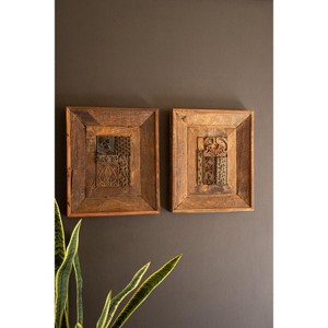 Repurposed Wood Framed Block Stamps, 21" Tall, Hand-Carved Recycled Wood, Brown Finish, Set of Two By Kalalou - 1 of 4