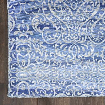 Waverly Blue Damask Washable Synthetic Area Rug, 8' x 10'