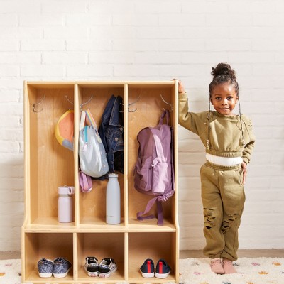 Natural Lacquered Birch 3-Section Toddler Coat Locker with Bench