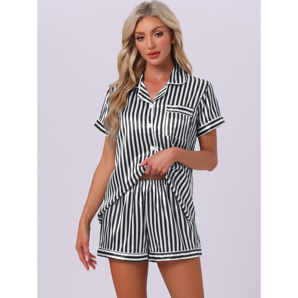 Conjunto de Pijama de Satén Rayado de Camisa con Botones y Shorts de 2 Piezas para Mujer - cheibear 2