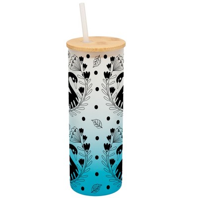 Elanze Designs Regal Swan Bird Flower Garden Wrap-Around Design 25 Ounce Frosted Gradient Glass On-The-Go Coffee Travel Skinny Tumbler Mug Cup, Bamboo