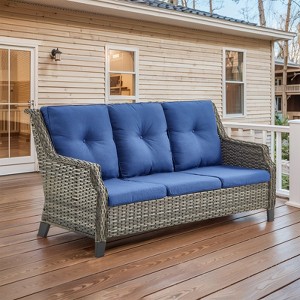 POCASSY Outdoor Wicker Sofa, Outdoor Furniture Patio Couch with All Weather Rattan and Olefin Cushion Cover for Porch, Deck, Gray Wicker Blue Cushion - 1 of 4