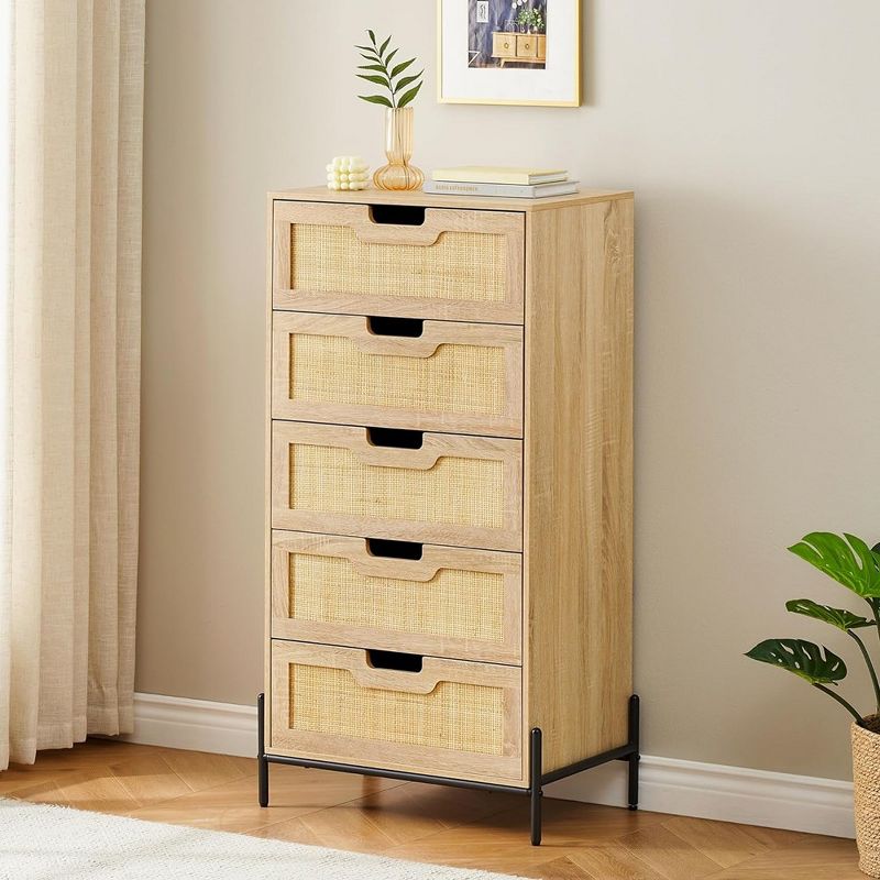 Whizmax Modern Rattan 5 Drawers Dresser, Double Dresser for Bedroom, Chest of Drawers Closet Organizers for Bedroom Living Room Hallway Office, 1 of 8