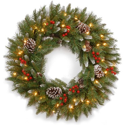 National Tree Company 30 Inch Decorative Collection Prelit Artificial Christmas Wreath w/ LED Lights, Frosted Pinecones & Red Berries