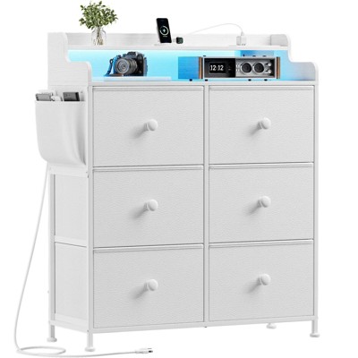 WOWLIVE Dresser for Bedroom with Charging Station and LED Lights, 6 Drawers Dresser TV Stand with Wooden Top, Tall Fabric Chest