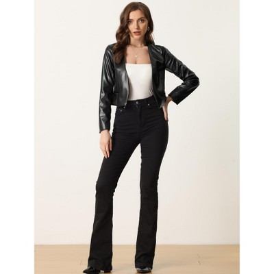INSPIRE CHIC Women's Collarless Open Front Faux Pocket Faux Leather Crop Moto Jackets X-Small Black — фото 4