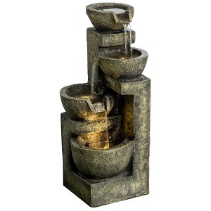 Outsunny Outdoor Fountain with 4-Tier Stacked Stone Look Bowls, Cascading Waterfall, Adjustable Flow & LED Lights, Rustic Zen Garden Décor, Gray - 1 of 4