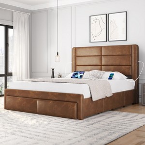 Yaheetech Upholstered Bed Frame with 3 Storage Drawers and Built-In USB Ports - 1 of 4