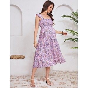 Womens Maternity Dress Summer Sleeveless Smocked Square Neck Ruffle Casual Boho Midi Dress Baby Shower Photoshoot - 1 of 4